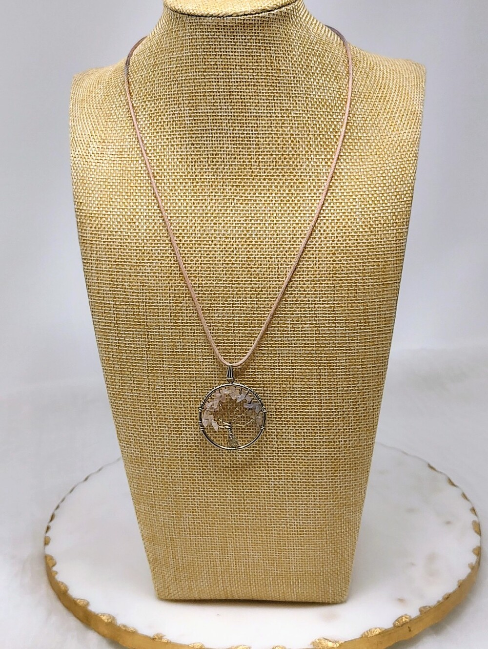 Tree of Life Rose Quartz Necklace Pink Crystal Wire Wrapped Pendant Boho Jewelry